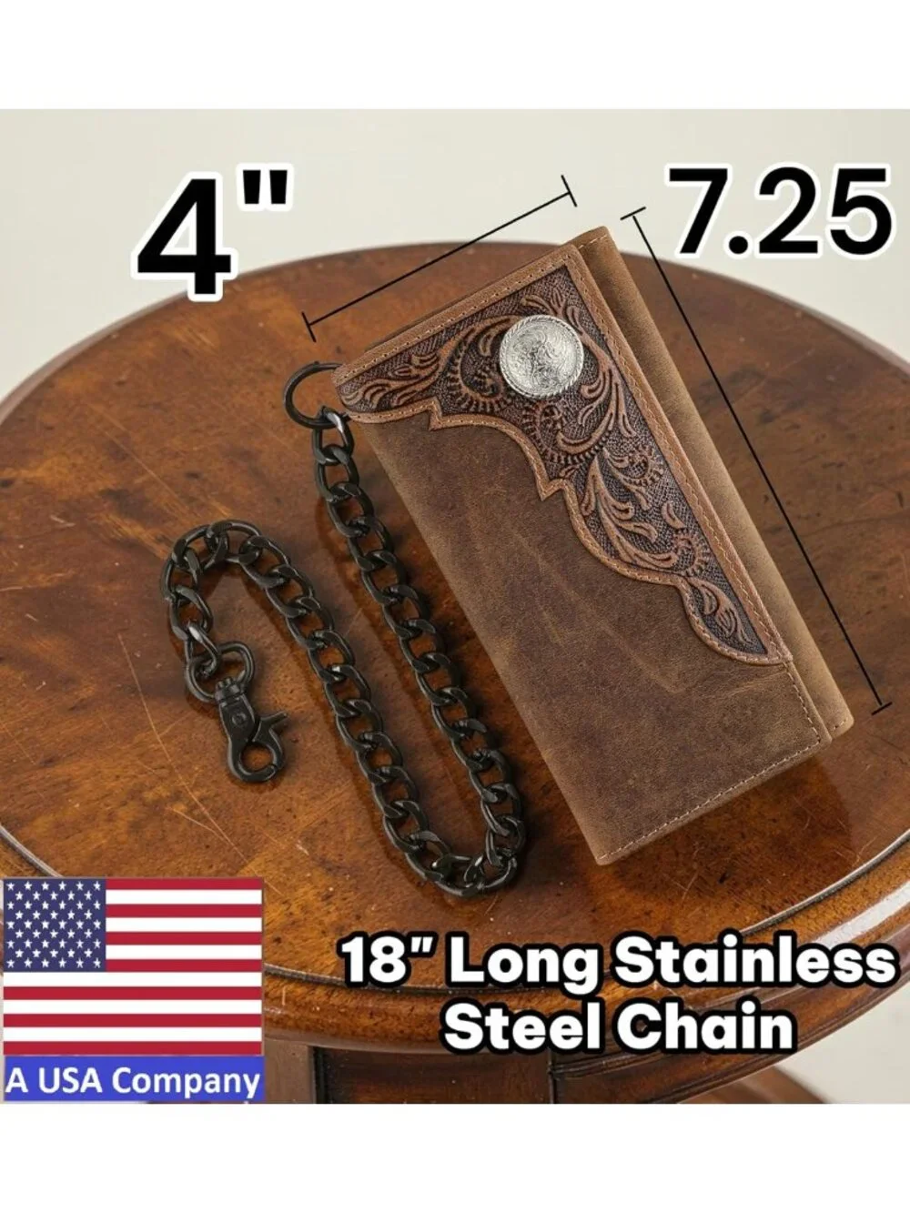 Classic RFID Blocking Men's Tri-Fold Leather Wallet with Steel Chain - Brown